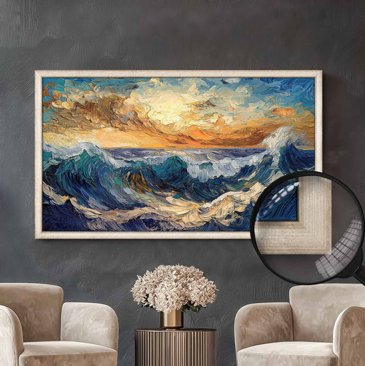 Silver tv frame on black wall above champagne velvet chairs in luxury interior 