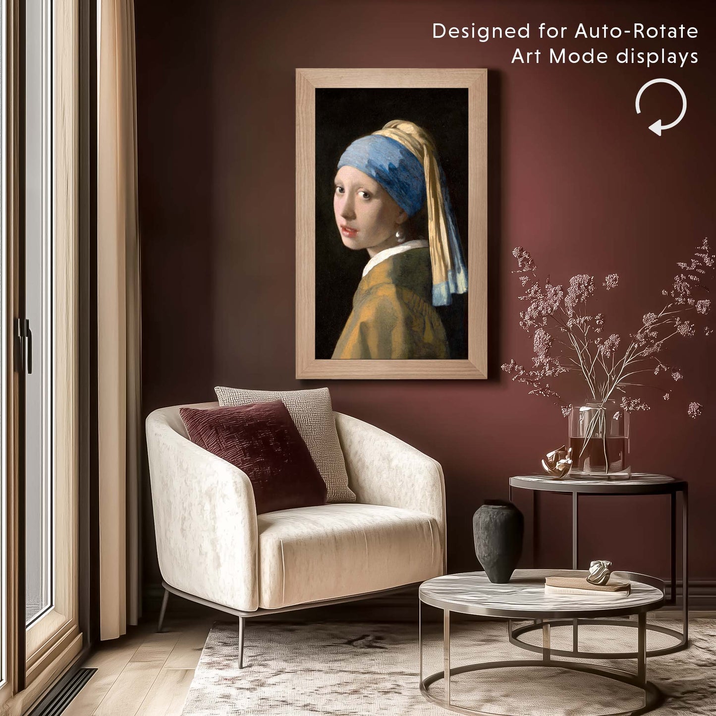 The Frame With Natural oak frame in vertical art mode in modern cozy rest corner
