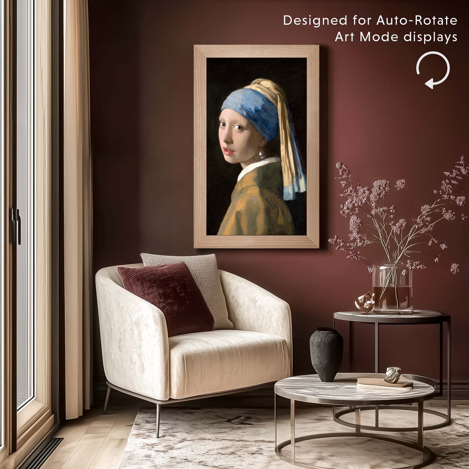 The Frame With Natural oak frame in vertical art mode in modern cozy rest corner