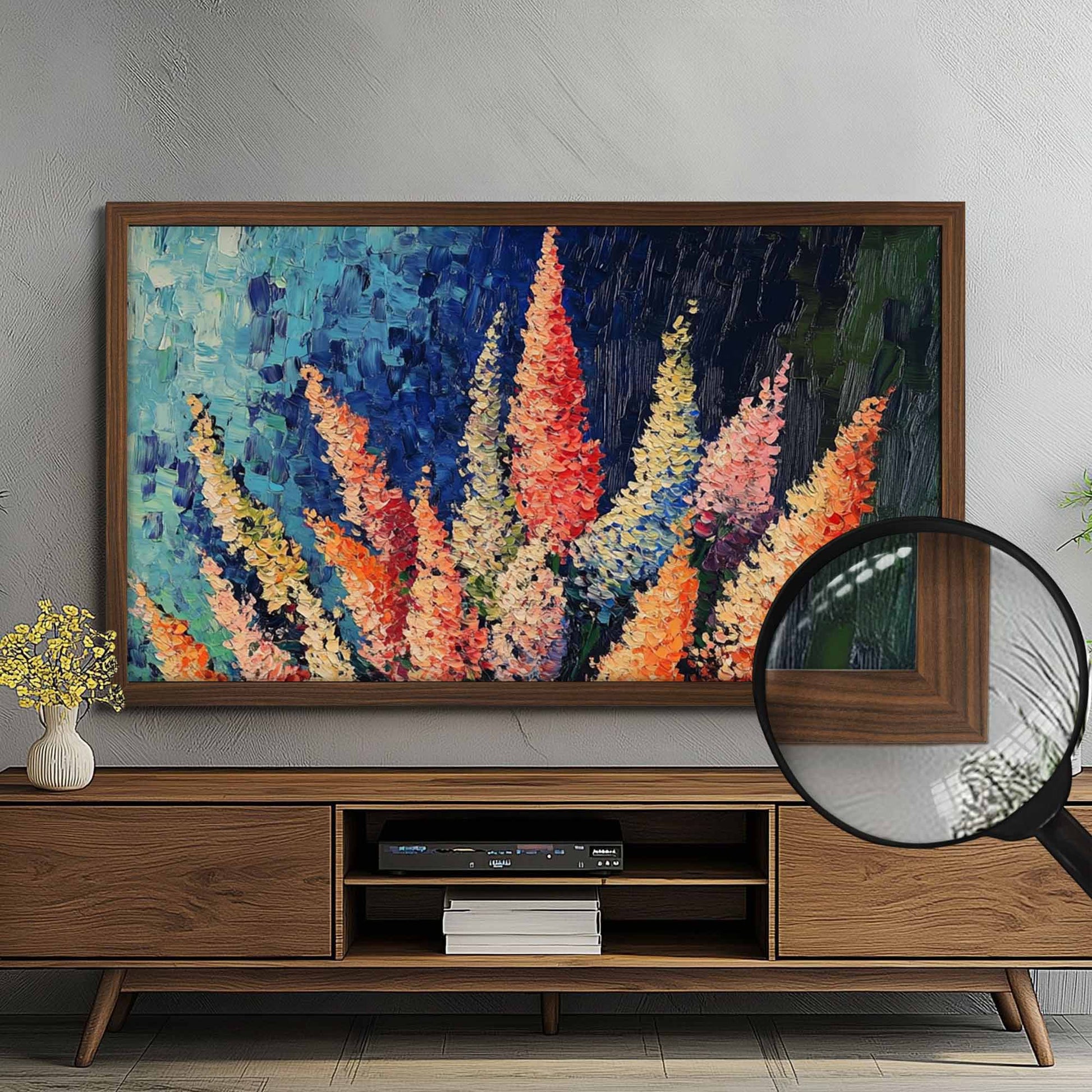 Thin Walnut Frame for Samsung The Frame TV in modern gray living room design