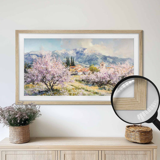 Wall mounted Oak tv frame above light oak sideboard, white walls