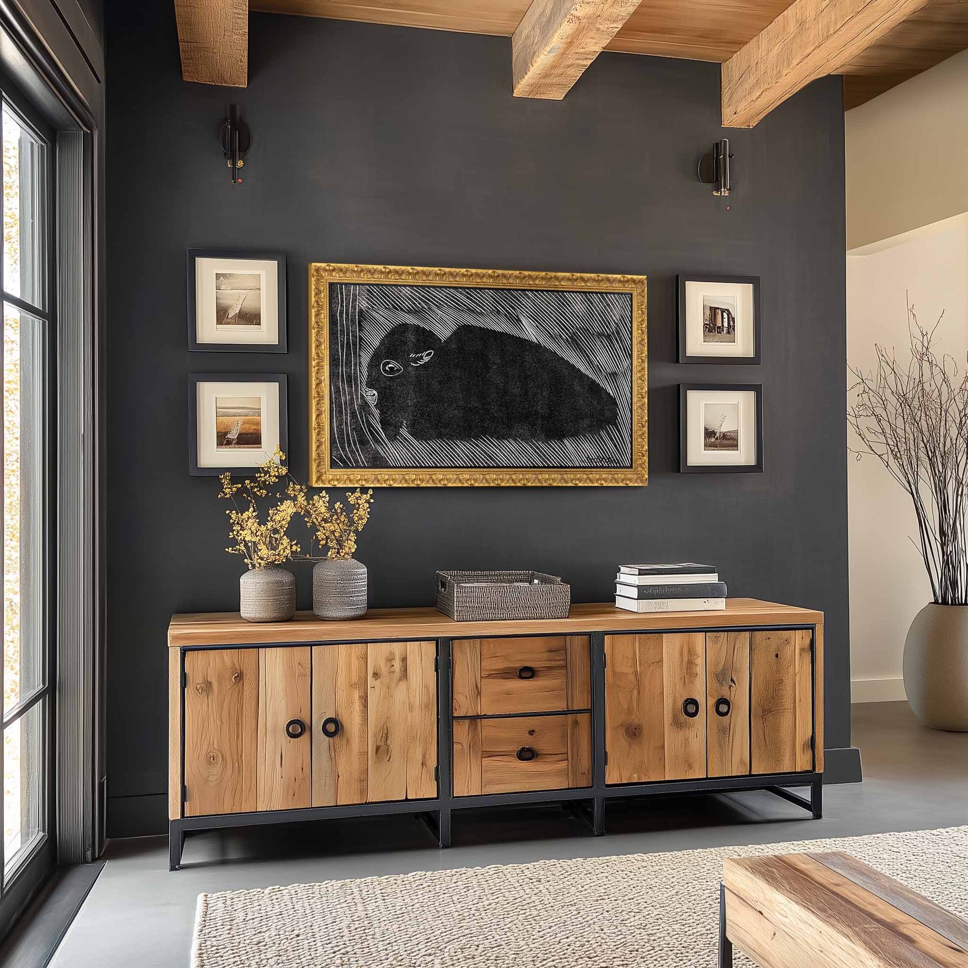 Wall mounted Ornate gold tv frame above sideboard in modern rustic interior design