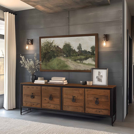 Wall mounted Walnut tv frame above sideboard in modern rustic interior design