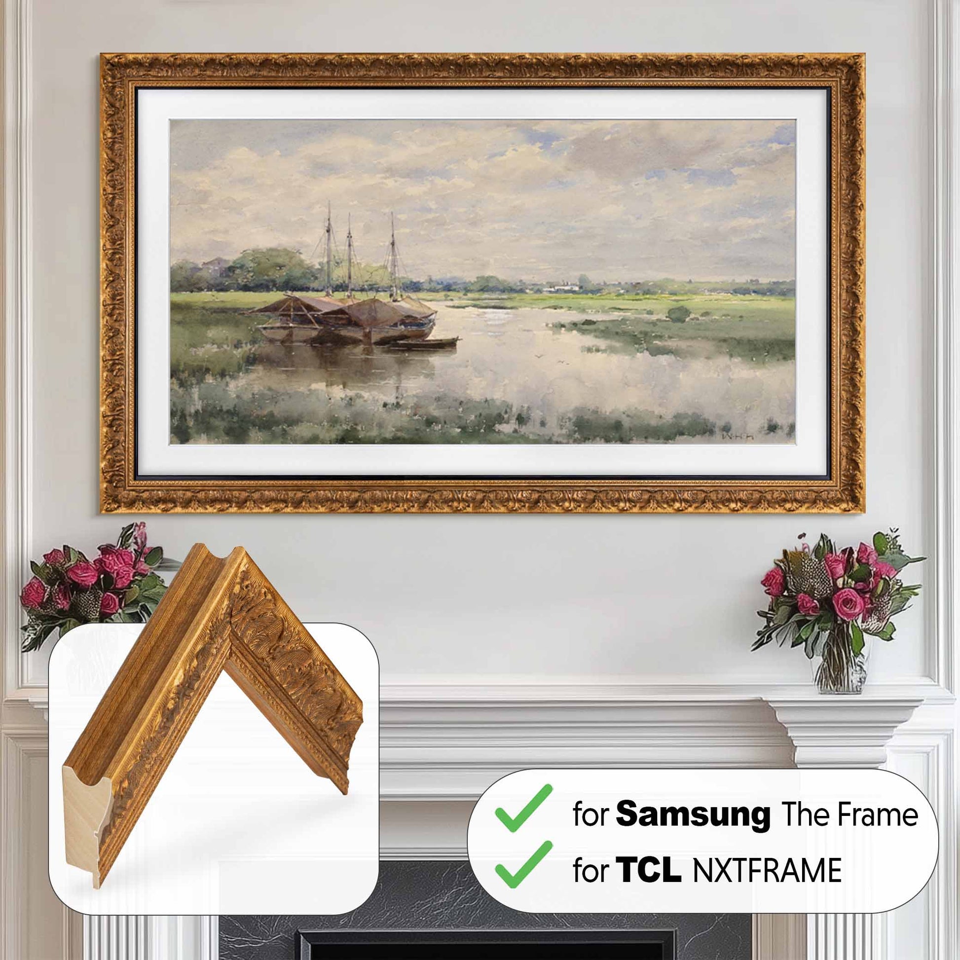 Wall mounted antique gold tv frame above built-in fireplace