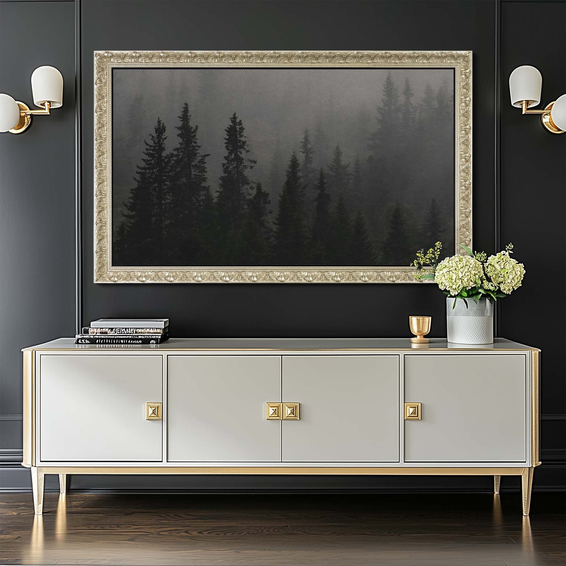 Wall mounted classic champagne tv frame above White sideboard in black living room