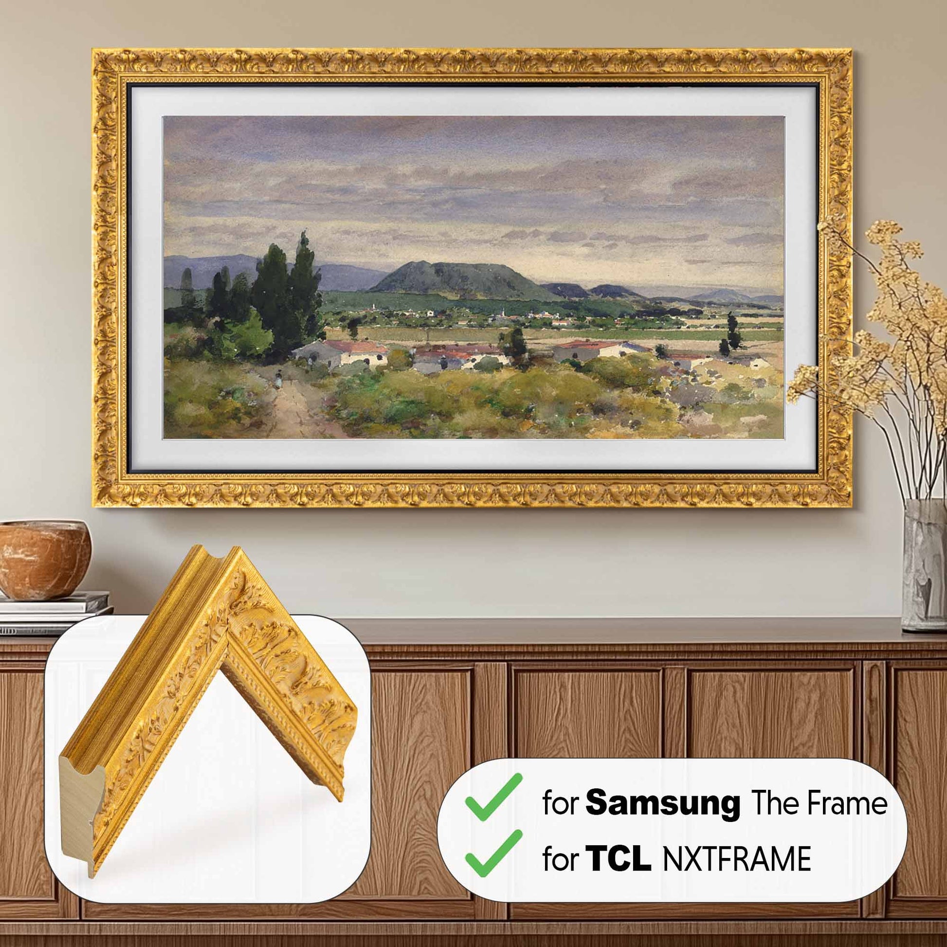 Wall mounted ornate gold tv above sideboard in modern traditional interior design