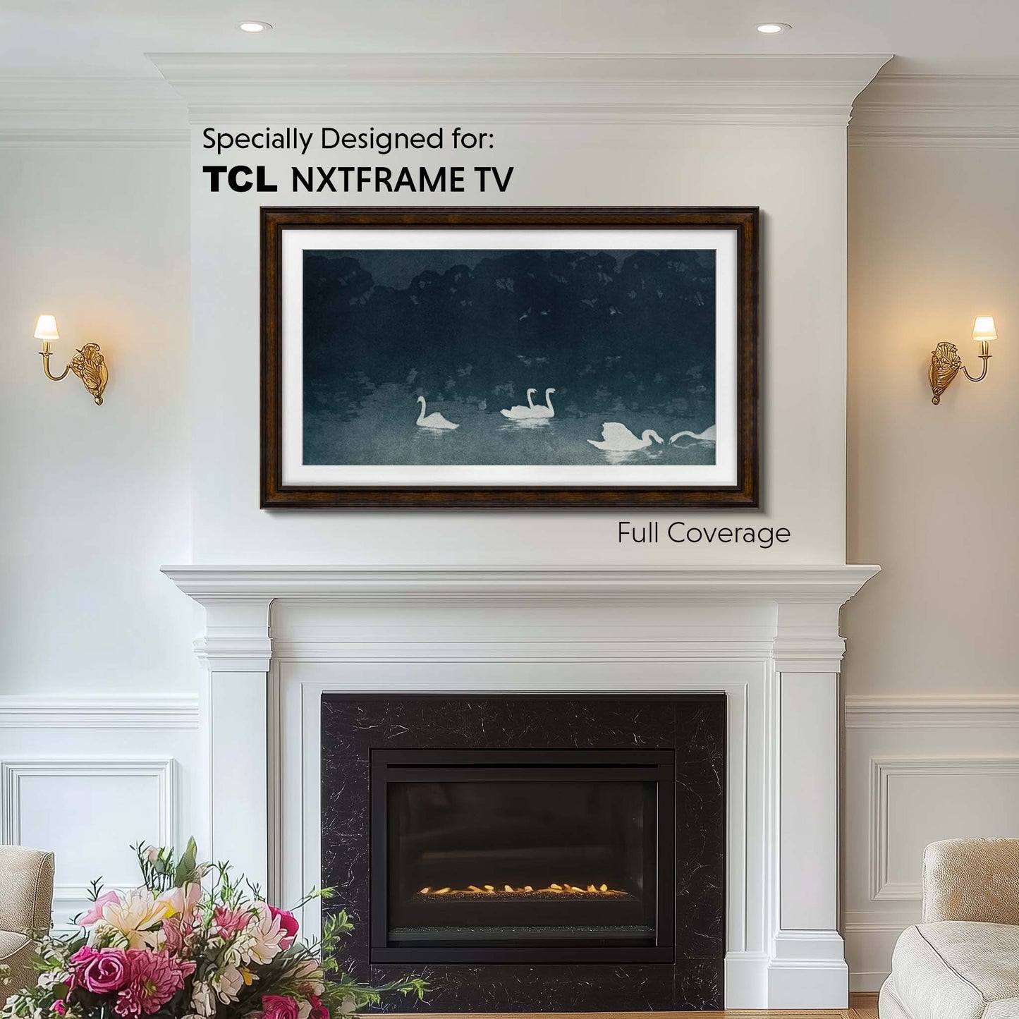 Wall mounted tv above built-in fireplace, picture lights, a traditional fireplace