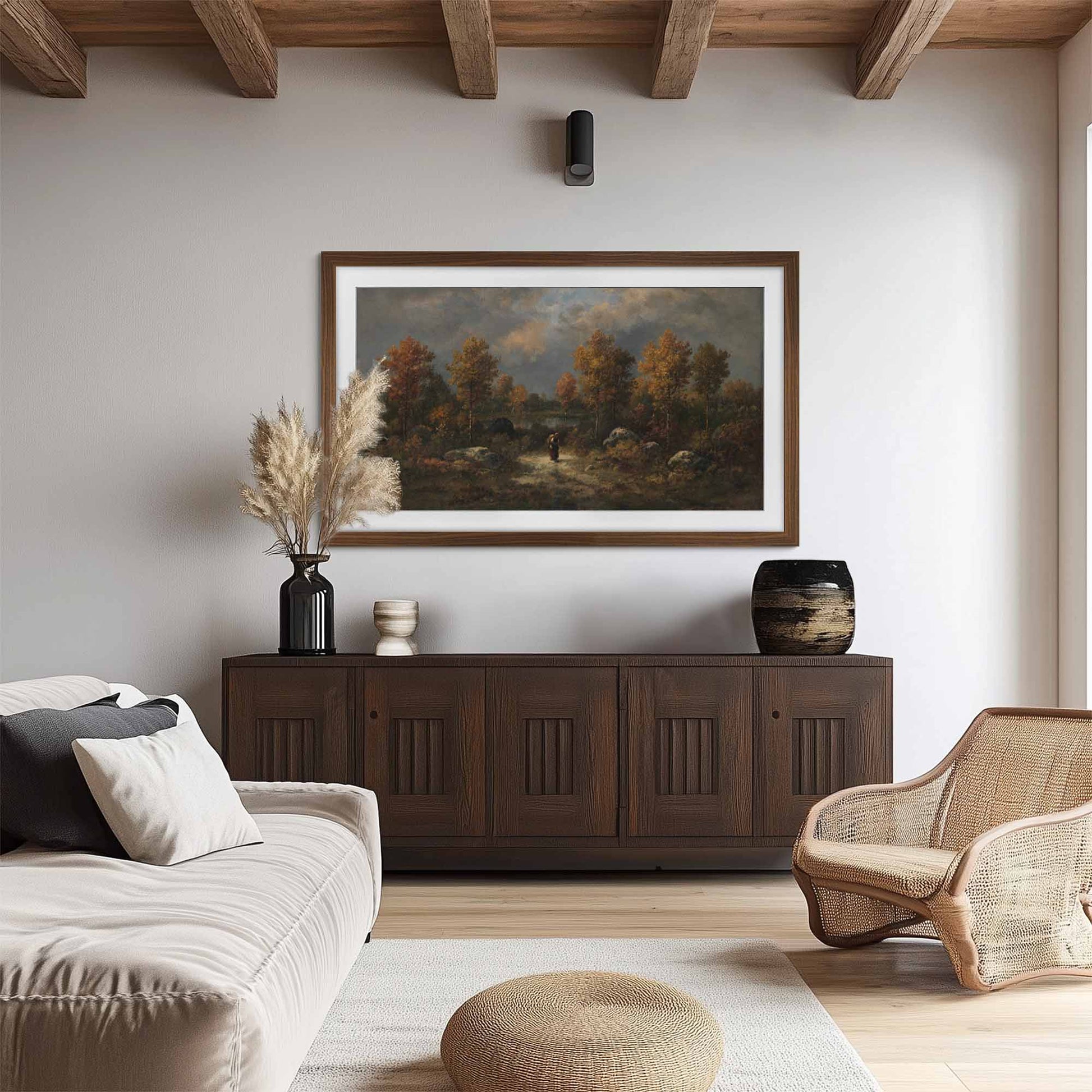 Wall mounted walnut Tv frame above dark sideboard in modern Rustic Living Room
