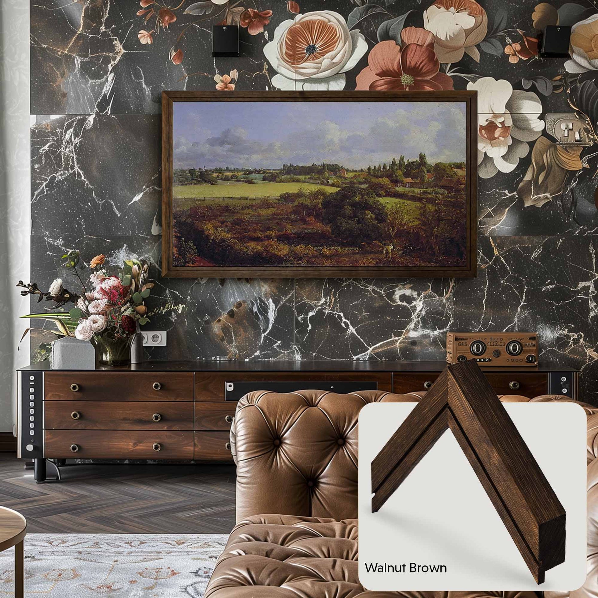 Walnut Brown pine TV Frame on the wall Rustic living room design