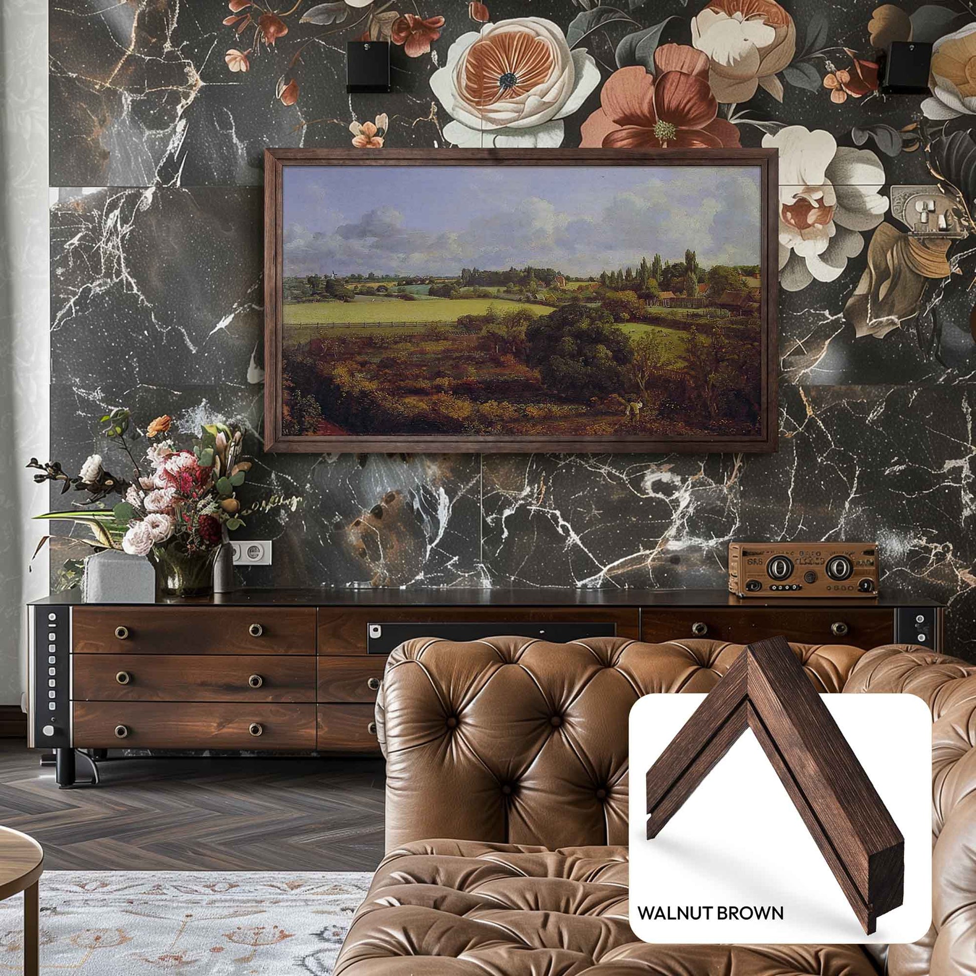 Living room with marble wall, floral wallpaper, and a painting of a landscape.