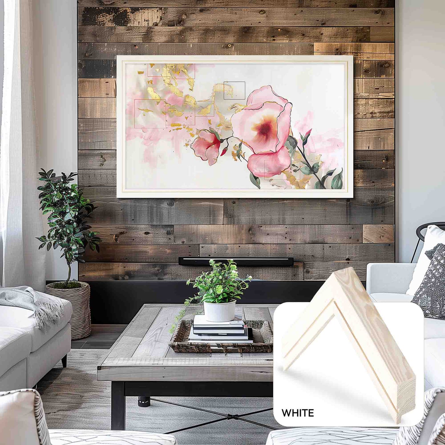 Living room with floral artwork on a wooden wall, white sofa, and coffee table.
