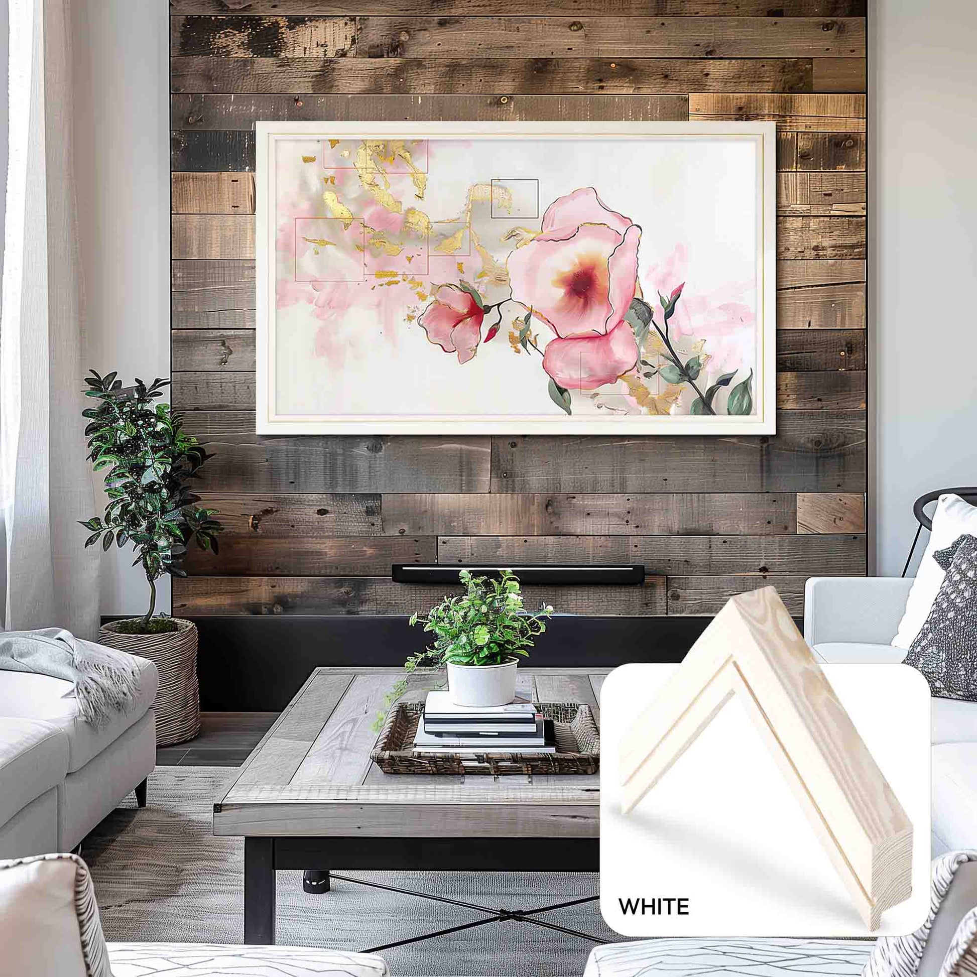 Living room with floral artwork on a wooden wall, white sofa, and coffee table.