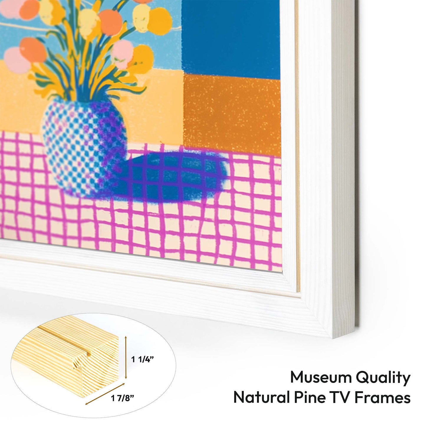 Framed artwork with a colorful abstract design and 'Museum Quality Natural Pine TV Frames' text.