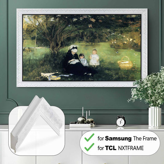 White ornate TV frame above sideboard, dark muted green color wall, white classic sideboard
