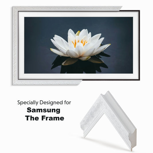 White ornate tv frame specially designed for Samsung The frame tv