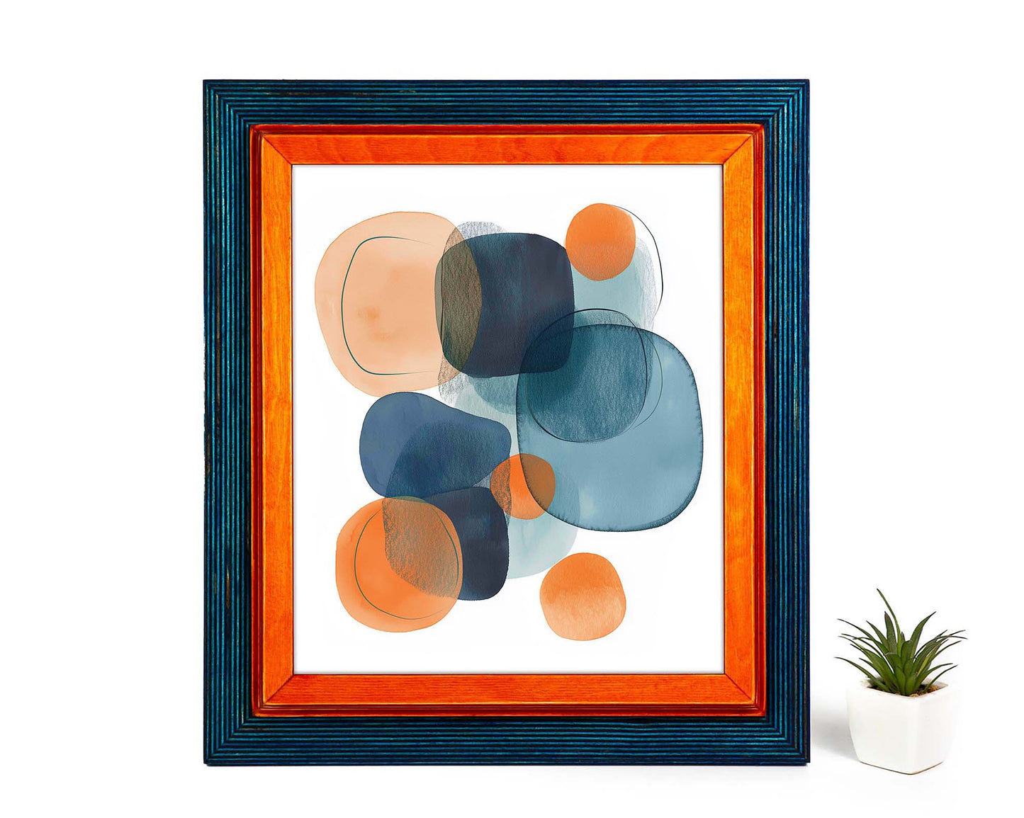 blue and orange picture frame, blue and orange abstract watercolor art