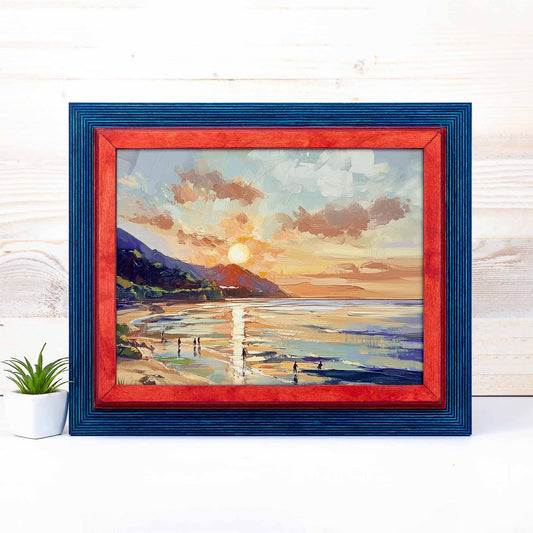 blue and red picture frame, sunset painting framed, small picture frame, poppet picture frame