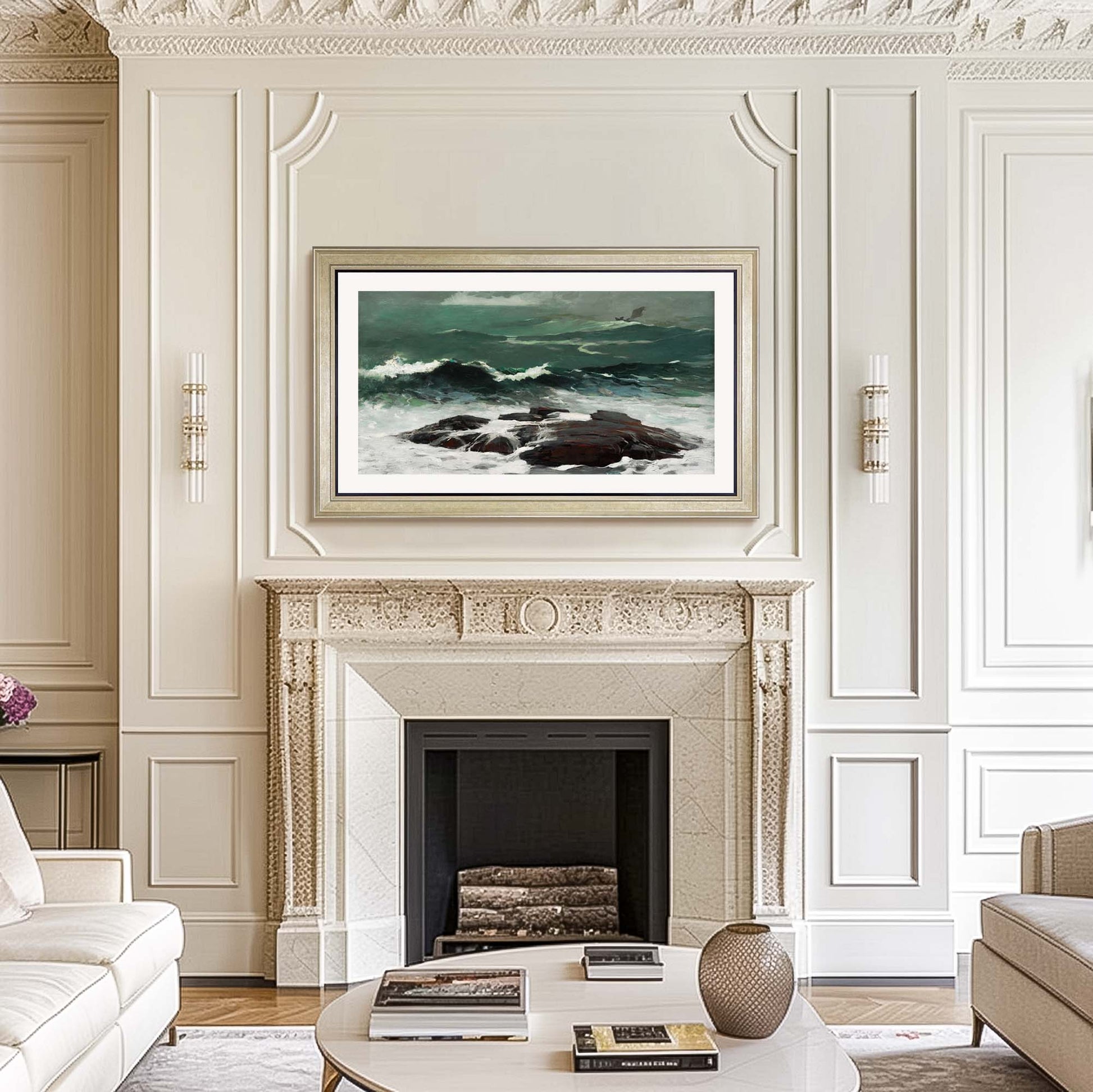 champagne TV Frame above the fireplace in light traditional design