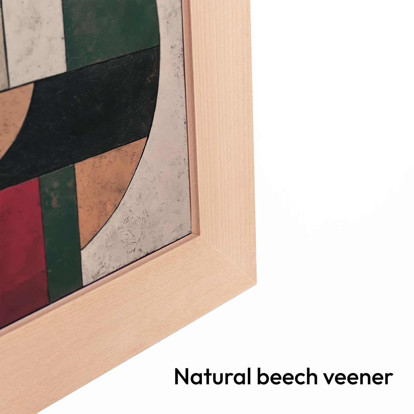 Close-up of a wooden frame with a natural beech veener finish on a white background.