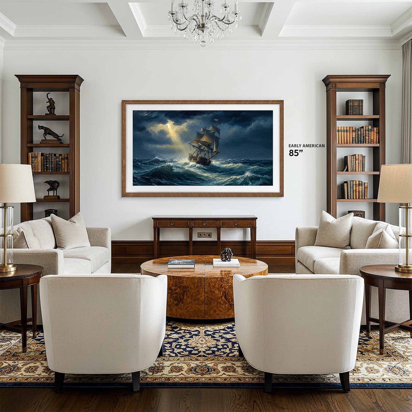 Living room with white furniture, wooden coffee table, and framed artwork of a ship on a stormy sea.