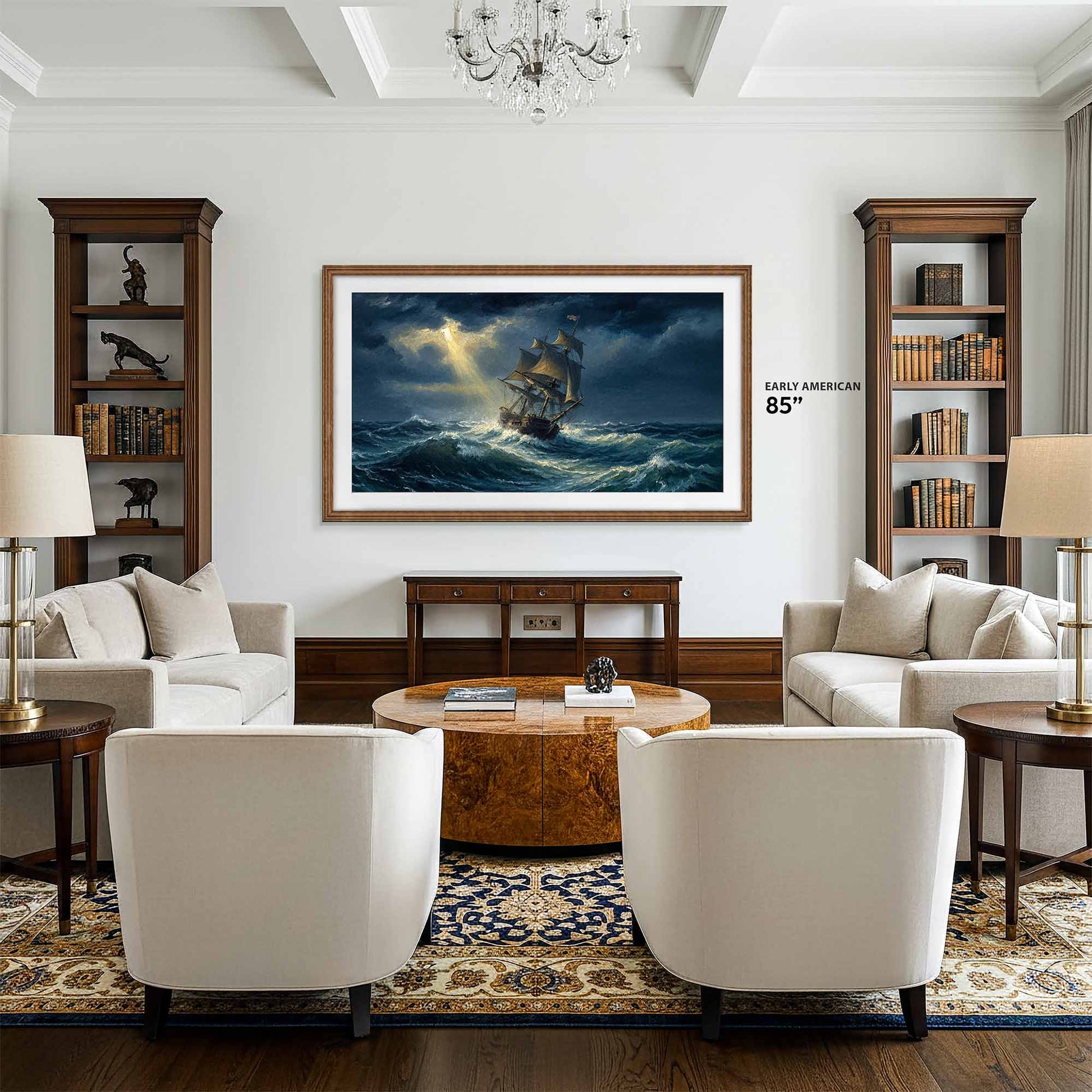Living room with white furniture, wooden coffee table, and framed artwork of a ship on a stormy sea.