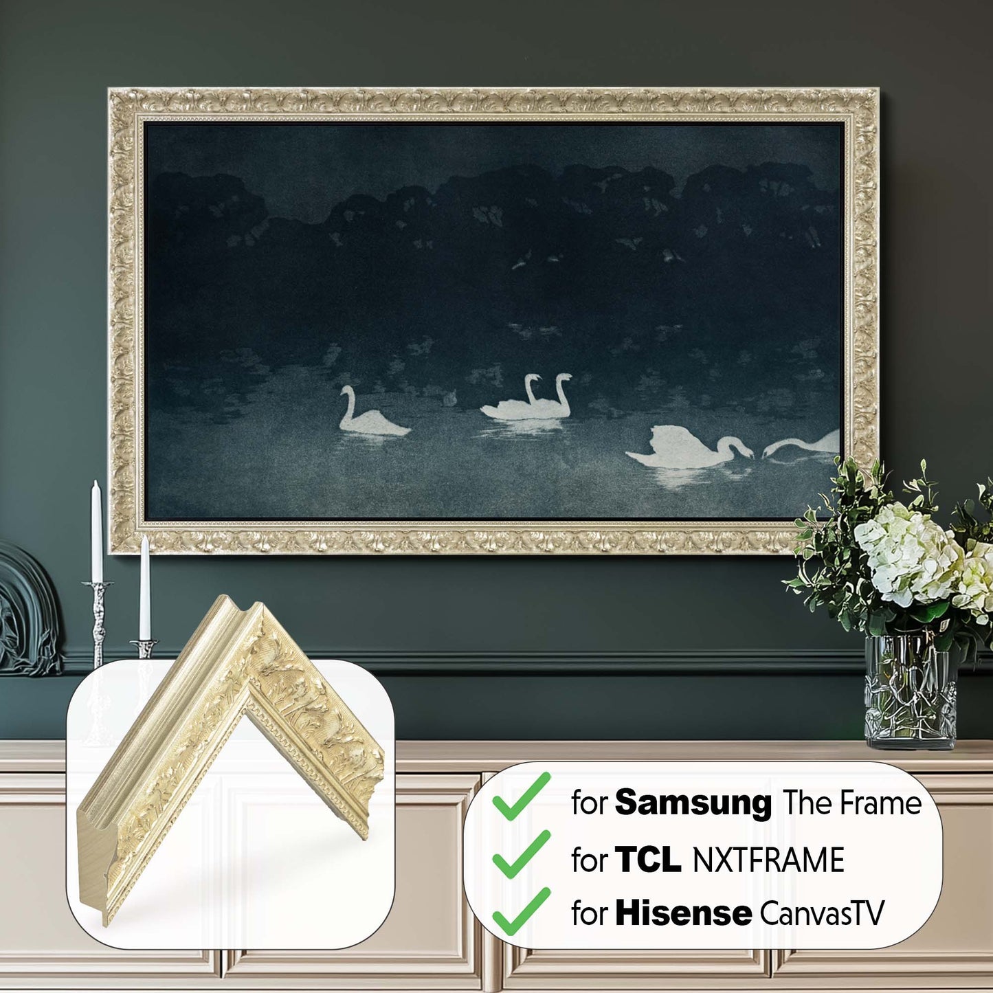 Cadre doré orné pour Samsung The Frame TV, lunette TV finition or antique faite à la main, tailles de cadre TV en bois 32, 43, 50, 55, 65, 75, 85 pouces