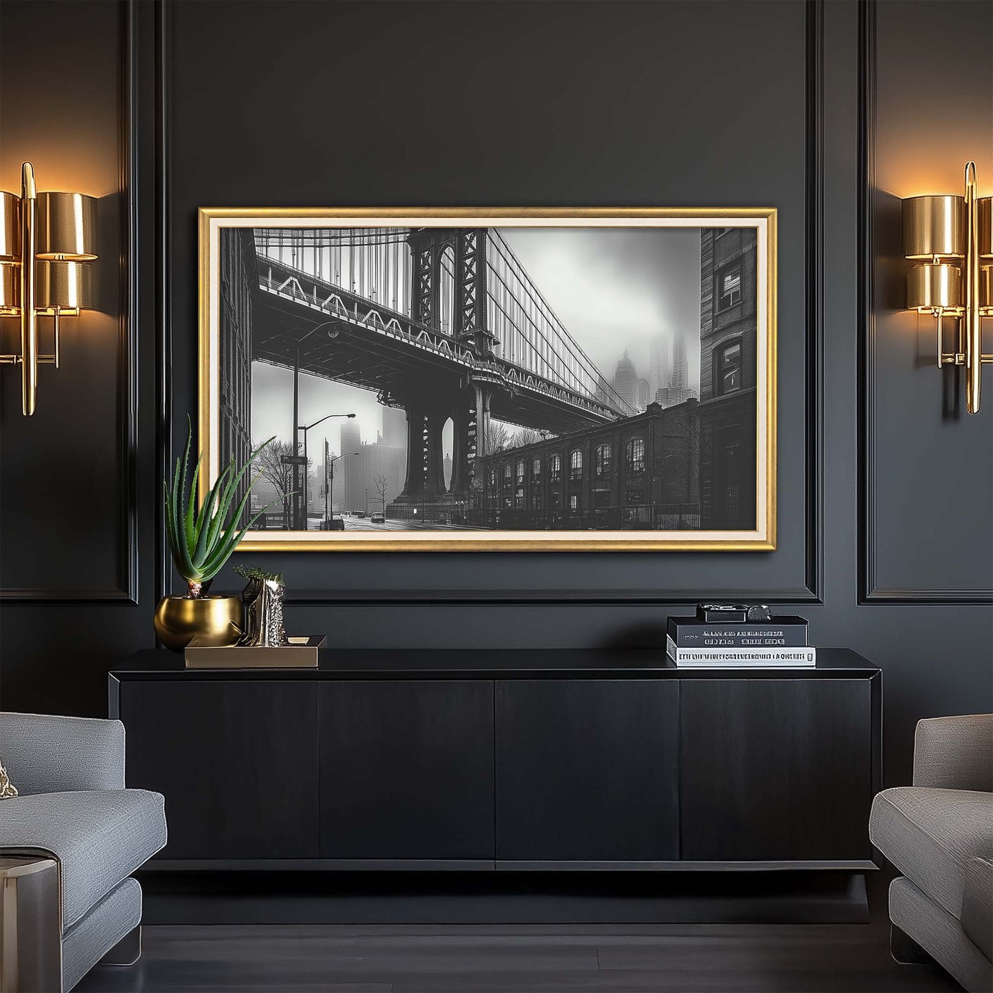 Luxurious apartment with high quality wooden TV frame. 