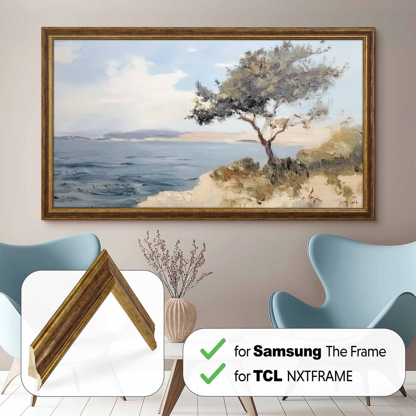 Brown & Gold TV frame for Samsung The Frame Tv, Handmade Gold and Brown TCL NXTFRAME Bezel, Hisense CanvasTV Sizes 32 43 50 55 65 75 85 inch. 