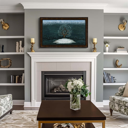 formal  living room with gray walls, Wall mounted brown tv frame above a fireplace