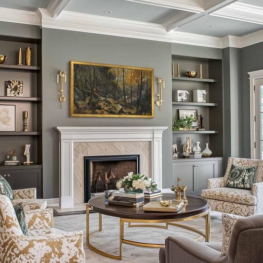 gold bezel on the wall above classic fireplace in traditional tropical living room 