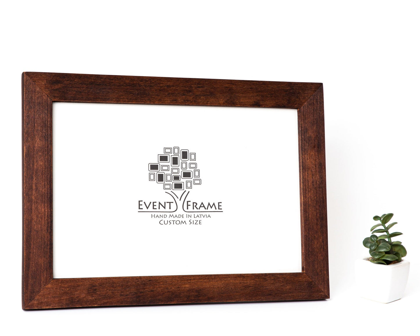 Wooden picture frame with 'Event Frame' logo on a white background. Custom wooden picture frame, birch hardwood, brown walnut color, handmade quality, custom sizes A4, A5, A3, 8x10, 5x7, 20x30, 14x18, 22x28