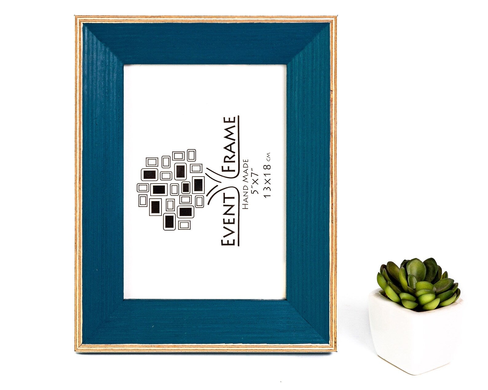 Blue picture frame with a white card inside displaying text, on a white background with a small plant. Blue Picture Frame, Wooden Photo Frame, CHOOSE SIZE, 4x4 4x6 5x5 5x7 5.5x8.5 6x6 6x8 A5 7x7 7x9 8x8 8.5X11 8x10 A4 10x10 8x12 11X14 A3 20x30