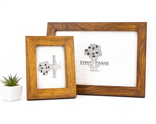 Two wooden picture frames with 'Event Frame' branding on a white background. Oak Wood Photo Frame, Brown Rustic Picture Frame, Any Custom Size Gallery Frame A4, A3, A2, A1, 4x6, 5x7, 8x10, 9x12, 10x14, 16x20, 18x24