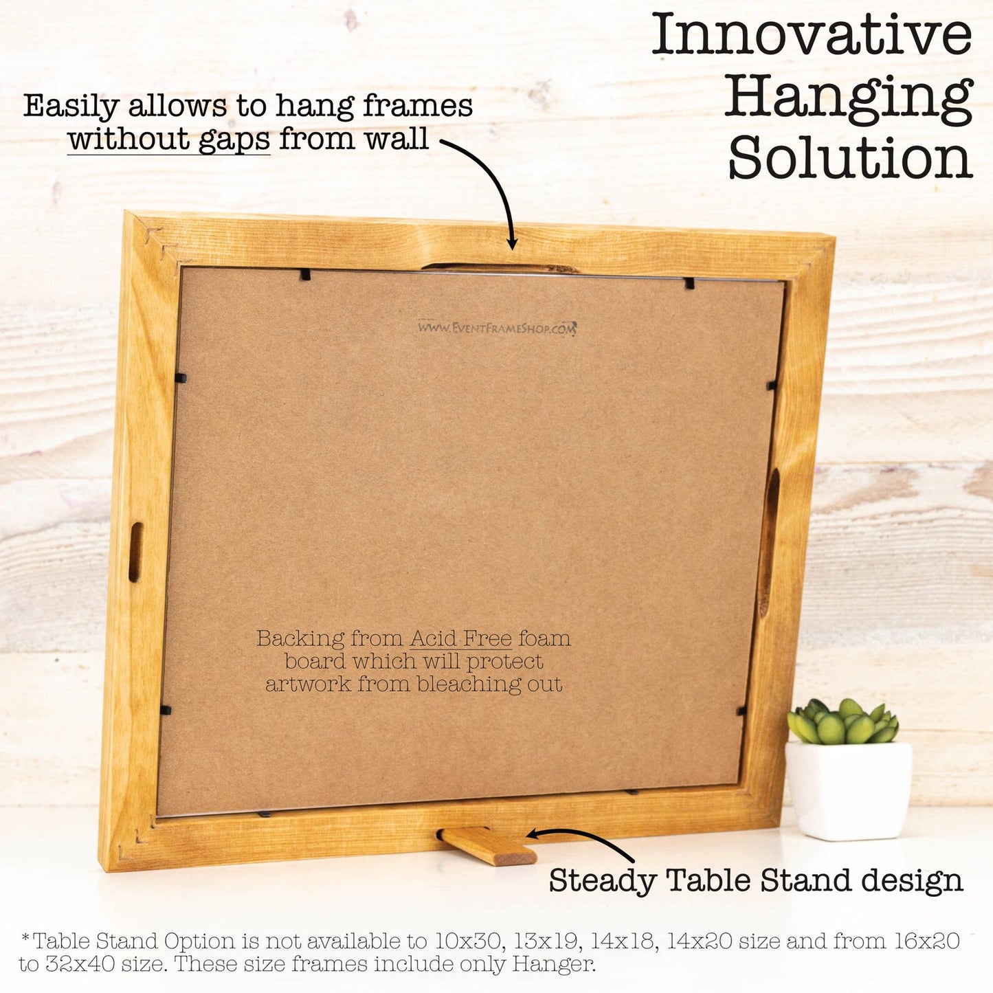 Wooden picture frame with text explaining its features on a light wooden background. Natural BIRCH Picture Frame in Flat Style, Handmade Solid Hardwood Photo Frame, Modern Gallery Wall Frames, Custom Size A1 5x7 11x17 24x36