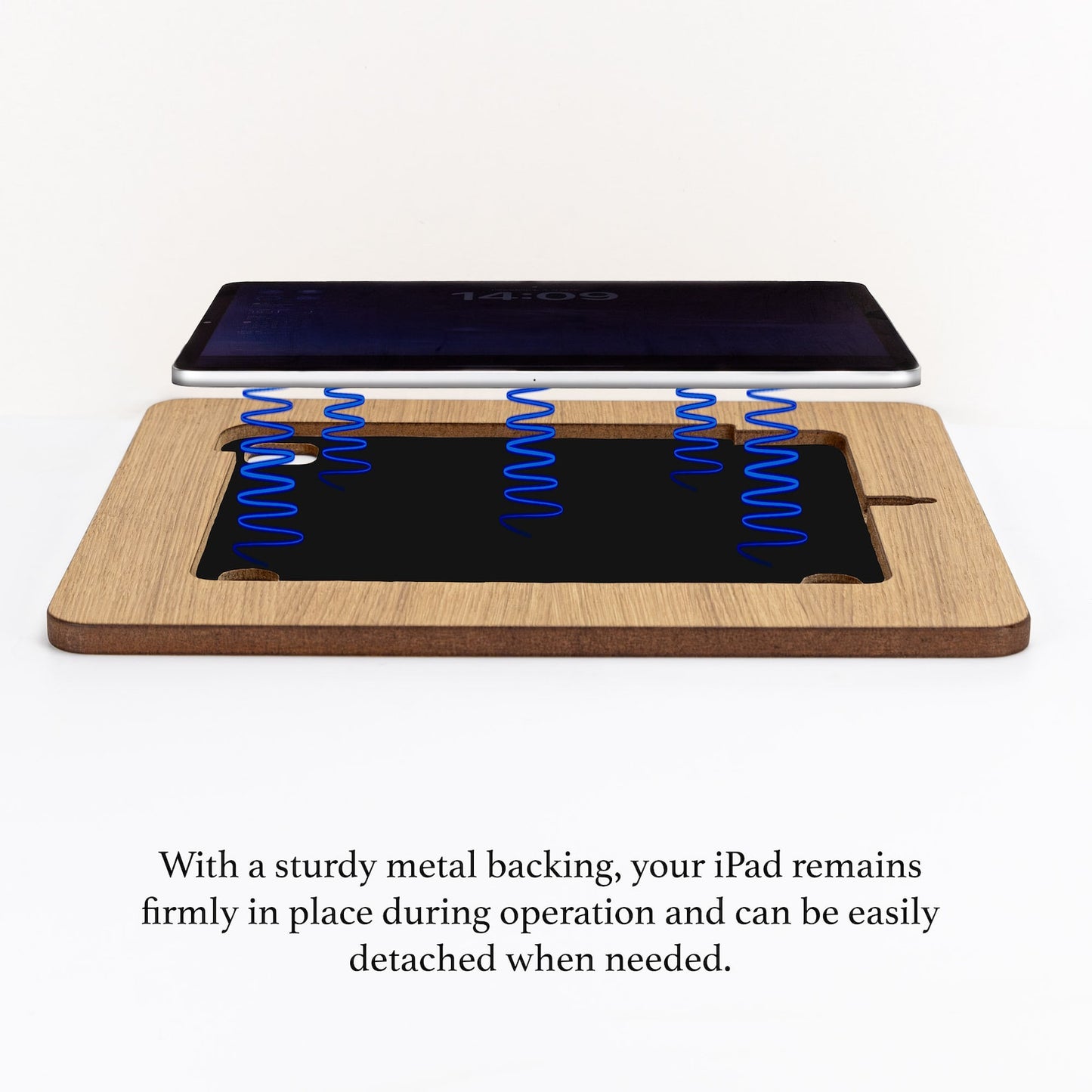 A visual showing the way an iPad could be firmly placed in a wooden board and could be easily detached when needed. 