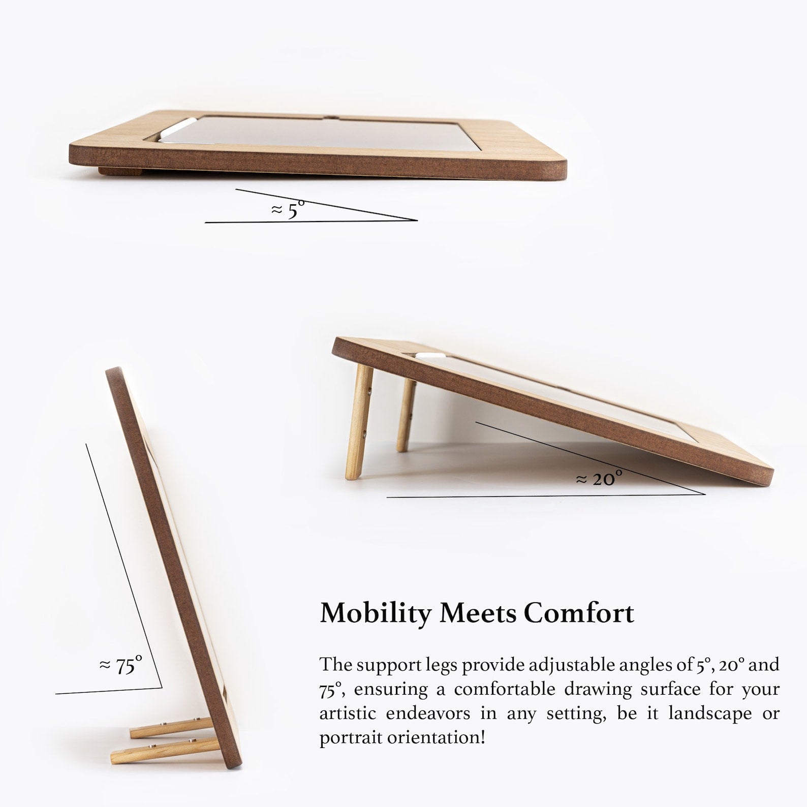 Different ways of folding a wooden stand for iPad which provides both mobility and comfort