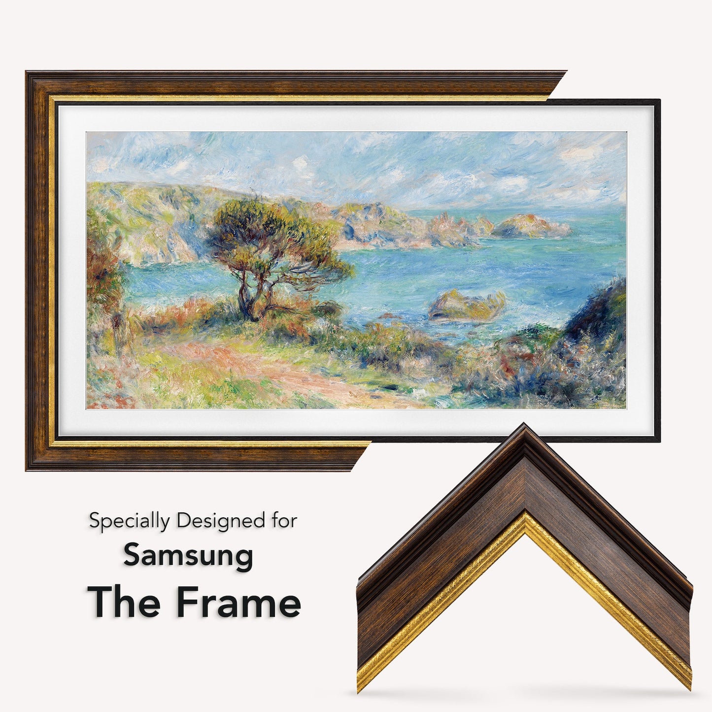 TV frame for Samsung The Frame TVs, Handmade Tv Bezel, Rustic Dark Wood and Gold finish, Tv Frame Sizes 32, 43, 50, 55, 65, 75, 85 inch