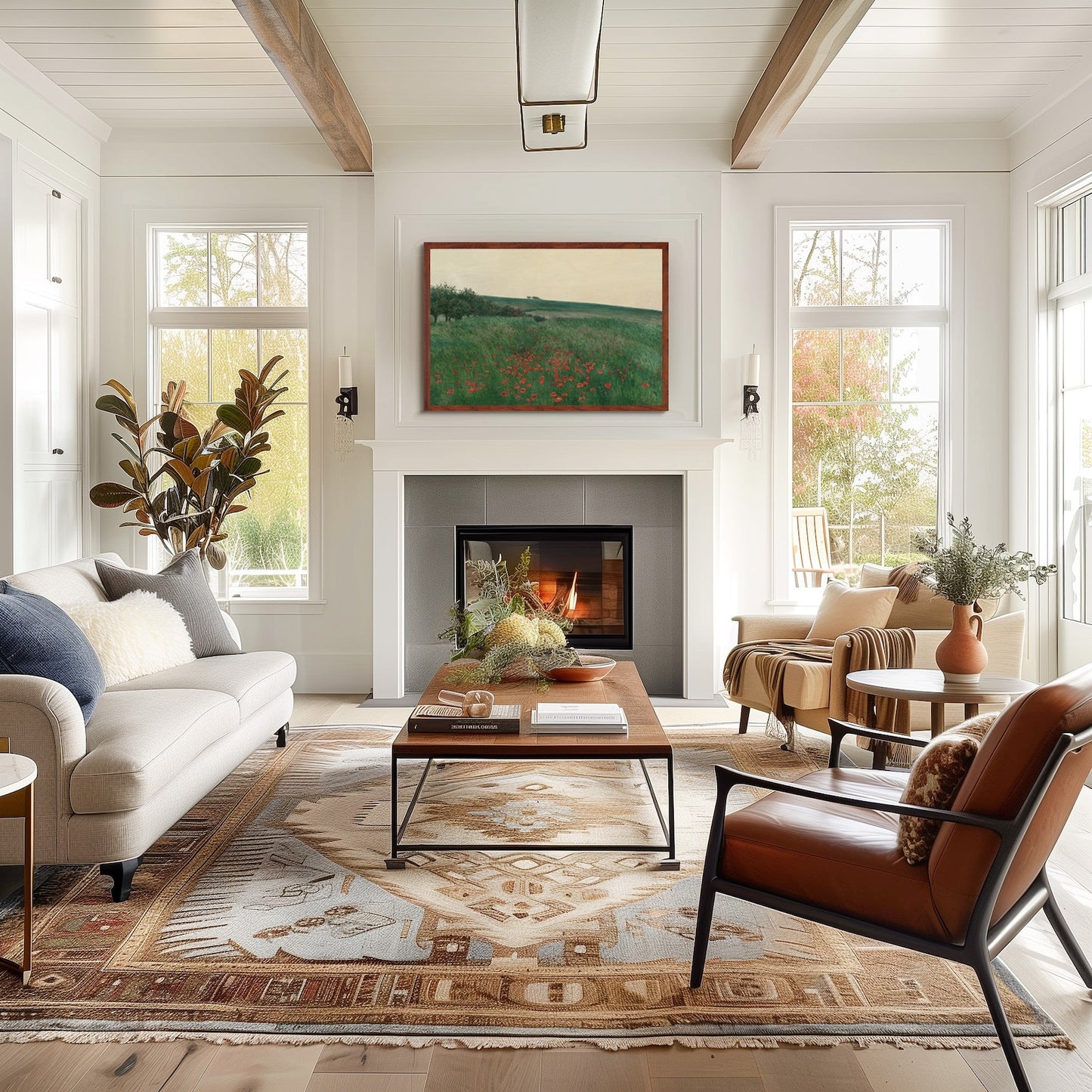 Cozy living room with a fireplace, comfortable furniture, and decorative elements. Handmade alder hardwood frame with rich brown tones and red accents. Finished in natural oil, it adds warmth and charm to your artwork or photos.