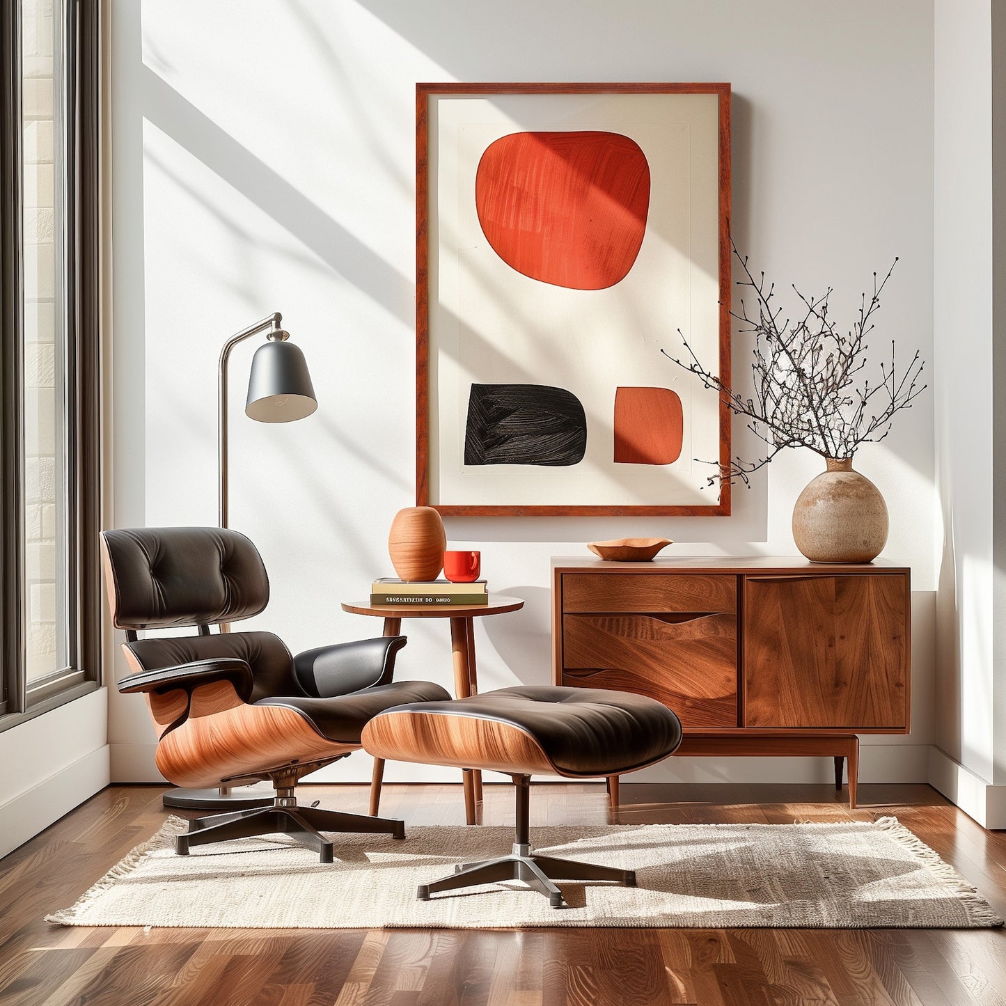 Modern living room with a brown armchair, wooden side table, and abstract art on the wall.Handmade alder hardwood frame with rich brown tones and red accents. Finished in natural oil, it adds warmth and charm to your artwork or photos.