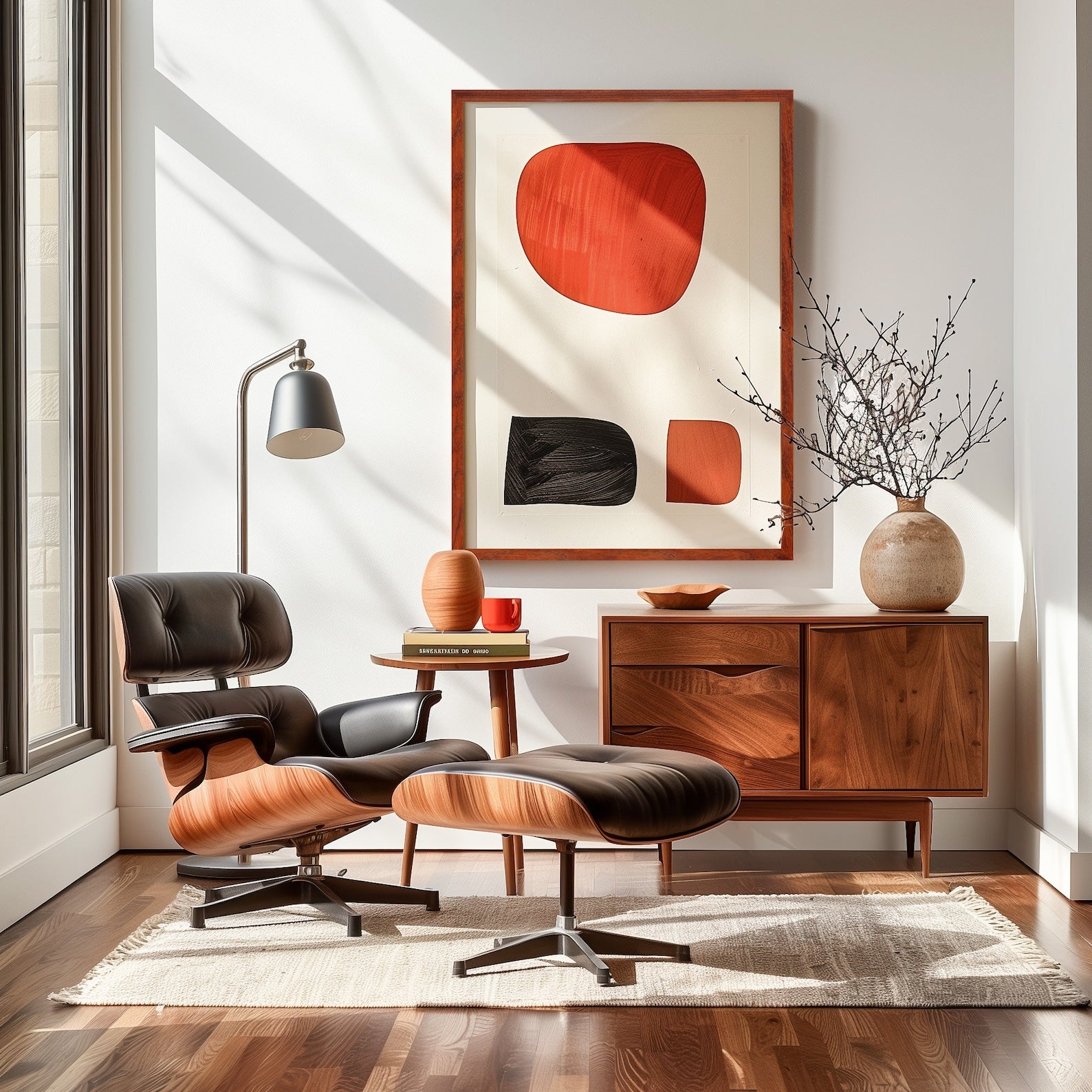 Modern living room with a brown armchair, wooden side table, and abstract art on the wall.Handmade alder hardwood frame with rich brown tones and red accents. Finished in natural oil, it adds warmth and charm to your artwork or photos.