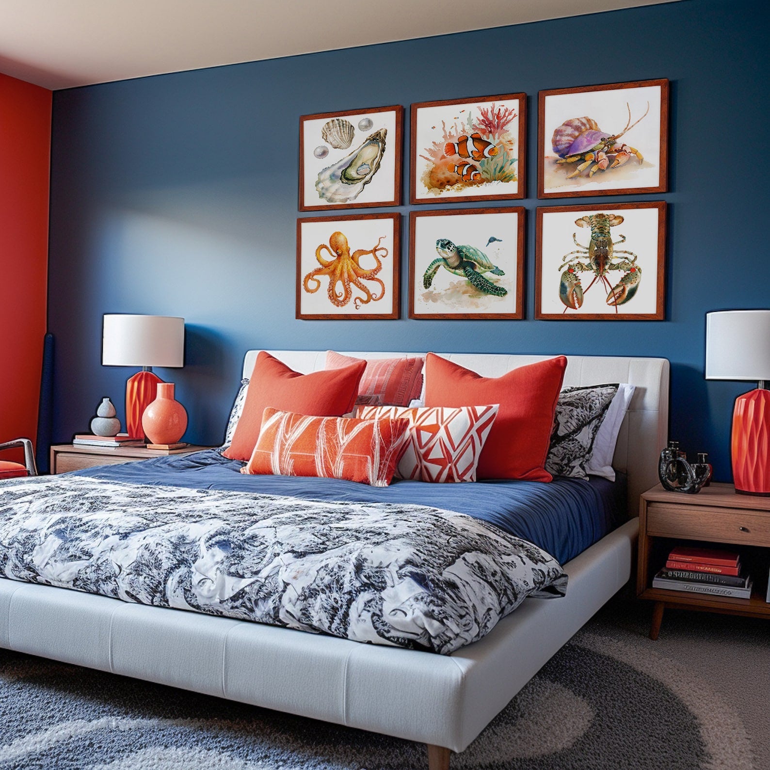 Bedroom with blue walls, colorful artwork, and decorative pillows.Handmade alder hardwood frame with rich brown tones and red accents. Finished in natural oil, it adds warmth and charm to your artwork or photos.