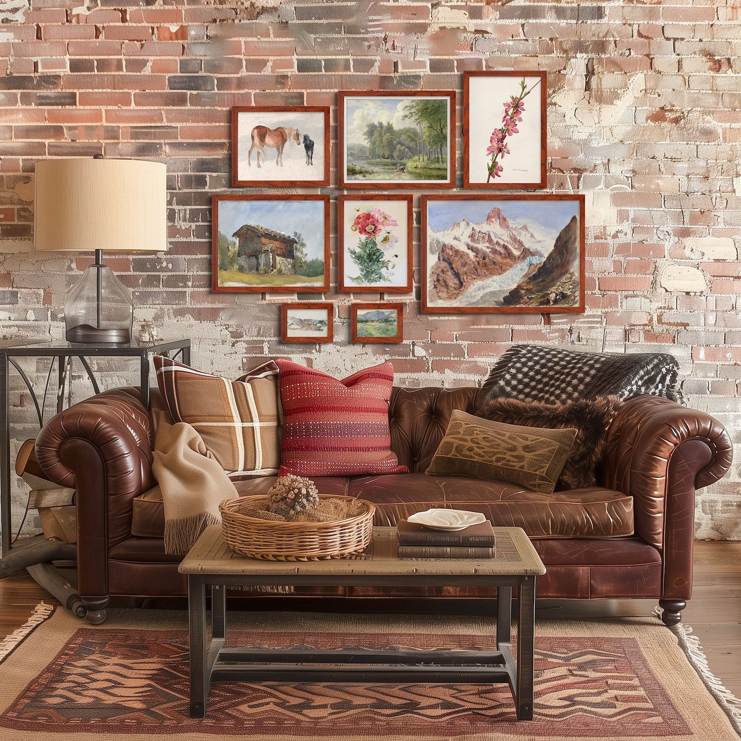 Brown leather sofa with decorative pillows in a room with a brick wall and framed pictures. Handmade alder hardwood frame with rich brown tones and red accents. Finished in natural oil, it adds warmth and charm to your artwork or photos.