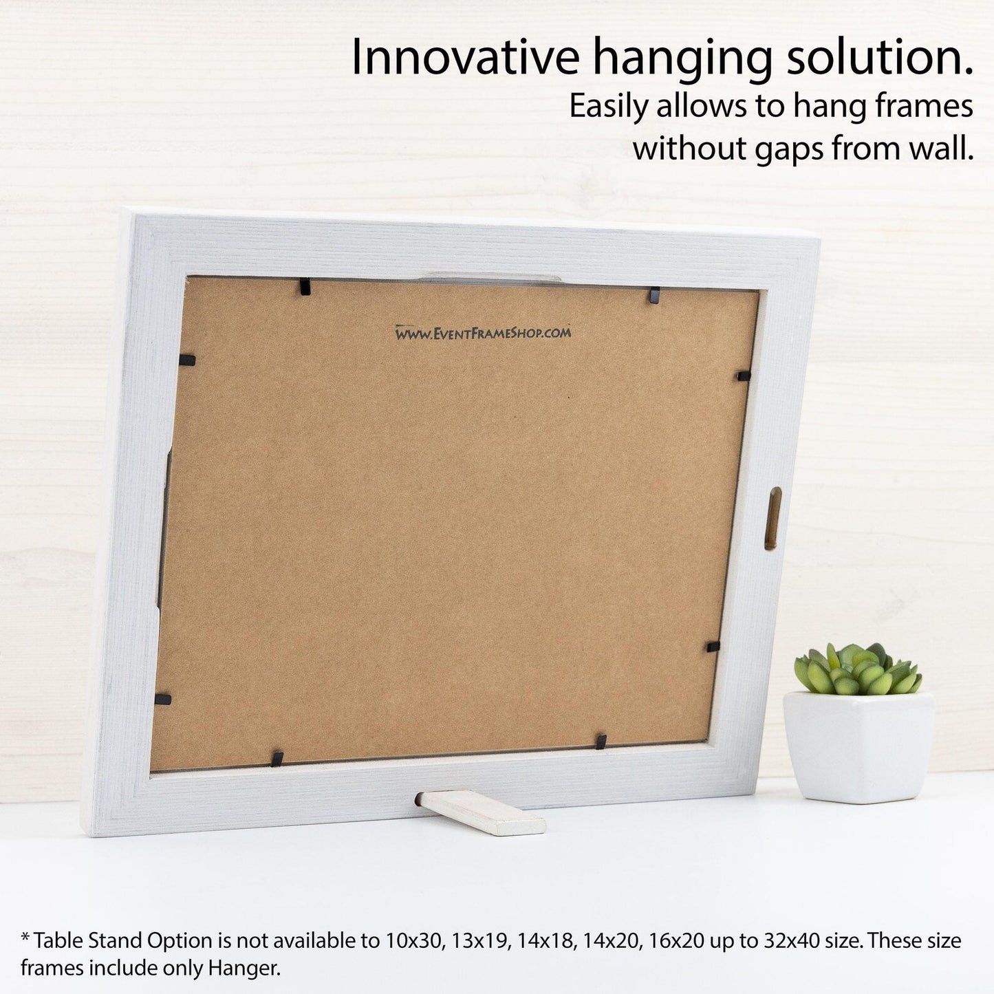 White picture frame with a cardboard back on a white surface, featuring text about an innovative hanging solution.
