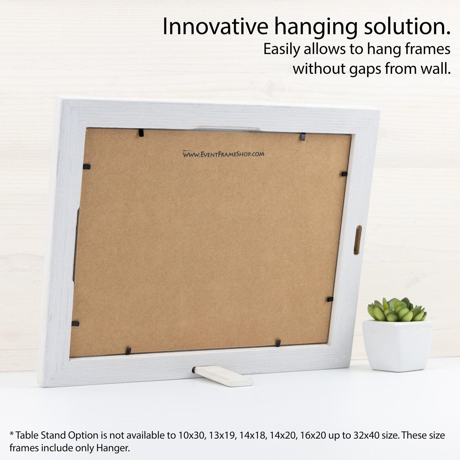 White picture frame with a cardboard back on a white surface, featuring text about an innovative hanging solution.