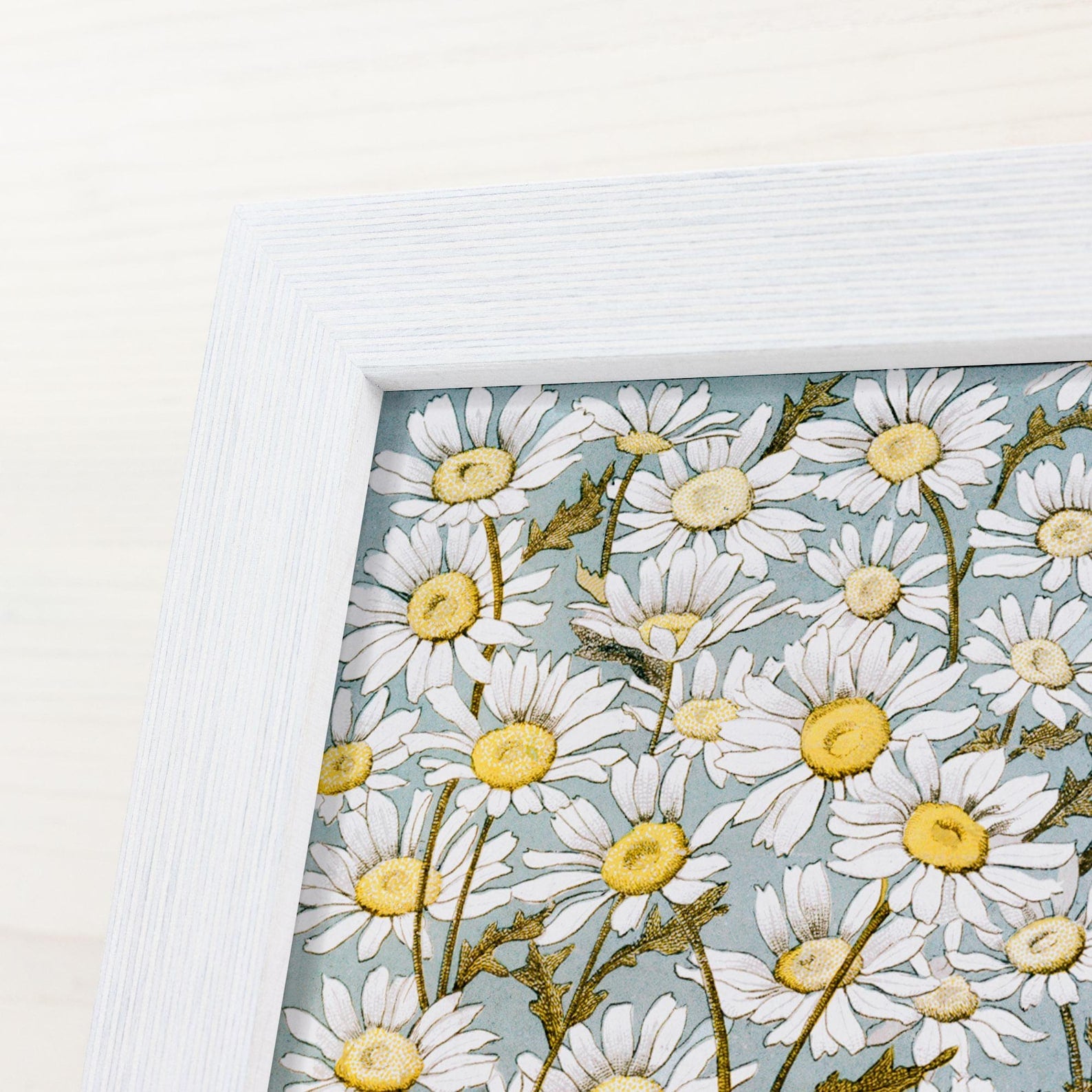 Framed artwork with a floral pattern of white flowers with yellow centers on a light blue background.
