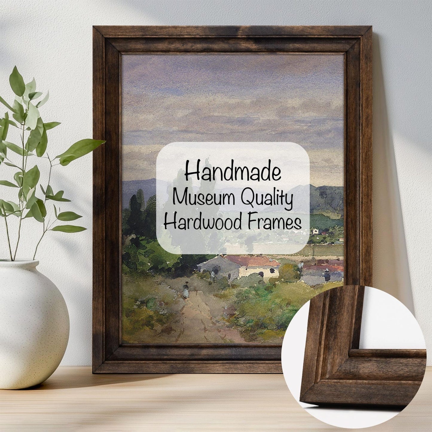 Framed artwork with a scenic landscape and 'Handmade Museum Quality Hardwood Frames' text. Handmade Walnut Brown Picture Frame, Rustic Custom Photo Frame, Museum Quality Birch Hardwood Frame A1 A4 8x8 12x12 14x20 20x30 36x40
