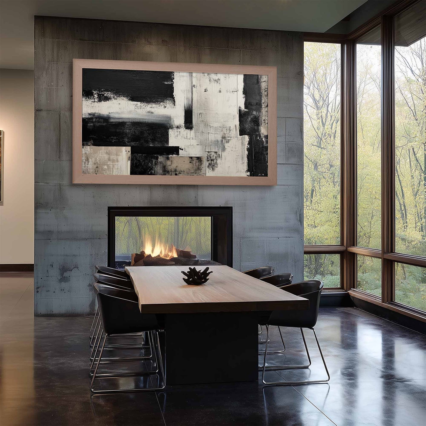 Modern dining room with a fireplace, abstract painting, and large windows.