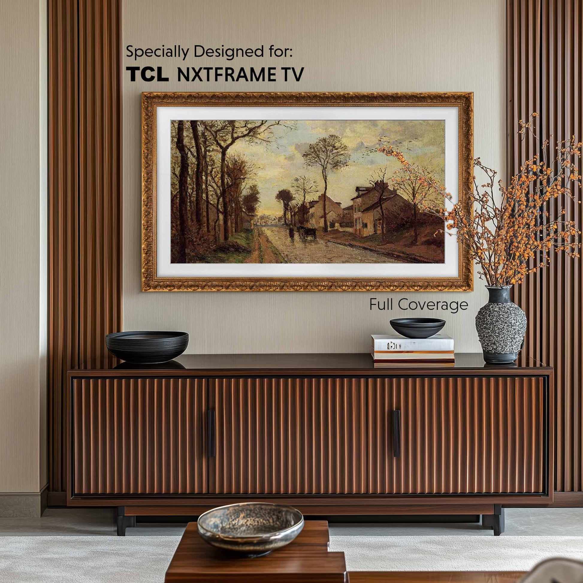 ornate antique gold tv frame above tv console in modern traditional living room design