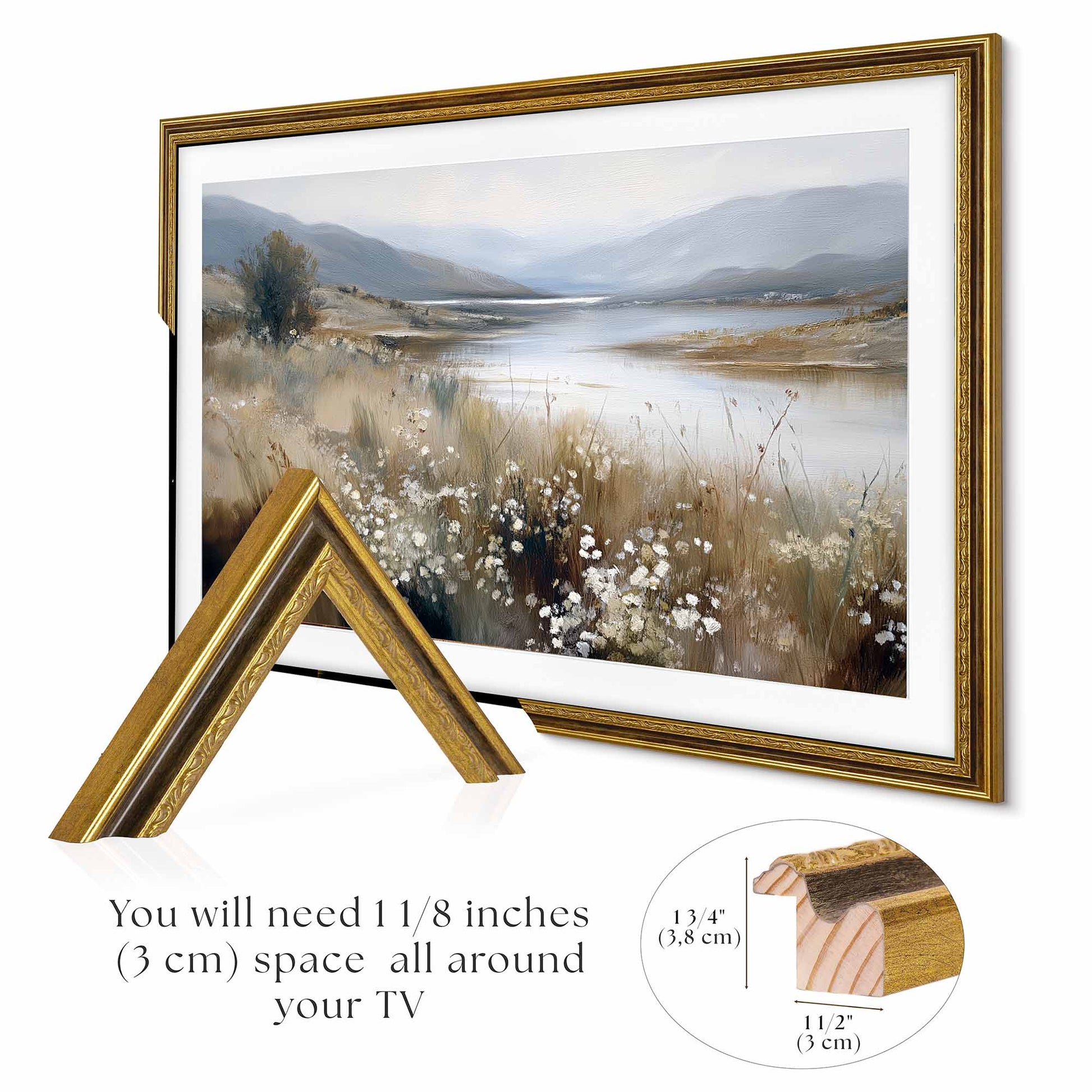 Dark Wood and Gold Leaf TV Frame Ornate Samsung Frame TV Bezel, Thin Vintage Gold Wooden Frame TCL tv Cover size 32" 43" 50" 55" 65" 75" 85"