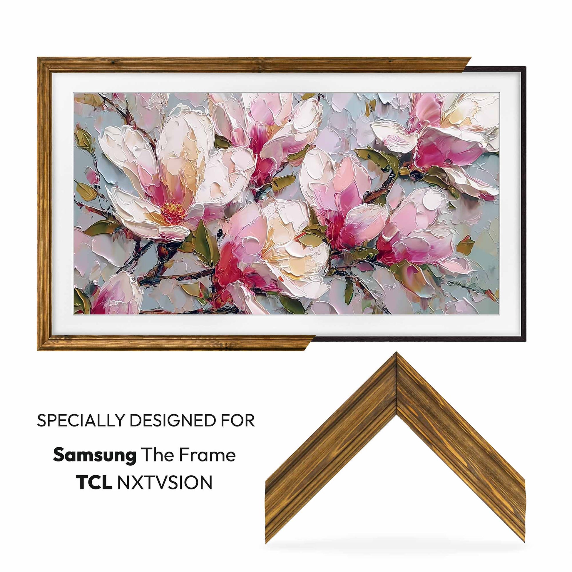 Floral design on a screen with wooden frame, specially designed for Samsung The Frame and TCL NXTVISION.